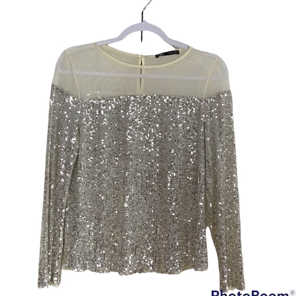 Zara Sequin Sheer Mesh Holiday Blouse